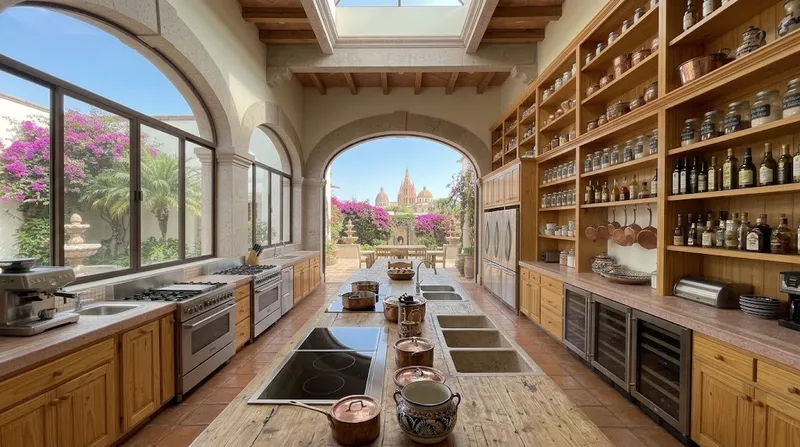 Cocina de la casa vista desde la entrada, con isla de madera, estufa, alacenas y un arco abierto al patio con bugambilias